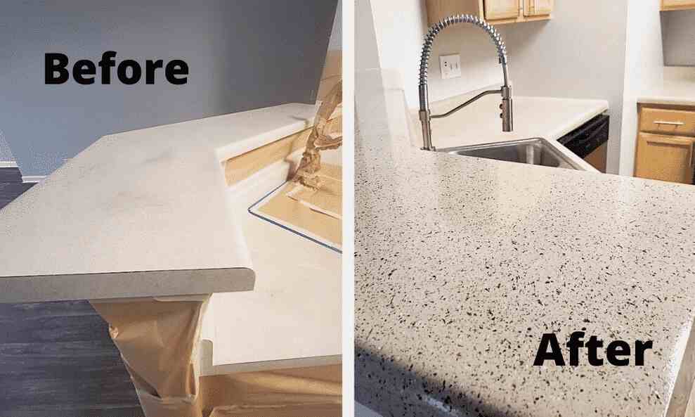 The image shows the before and after of a refinished kitchen countertop, the before shows a plain white countertop and the after shows a light gray with black speckles countertop.